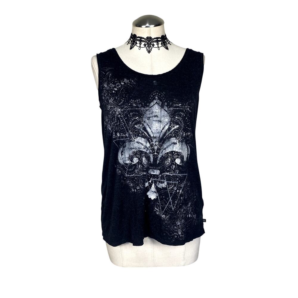 Vtg Y2k R&R Fleur De Lis Mallgoth Grunge Goth Emo Open Back Ruched Tank Top Sz L